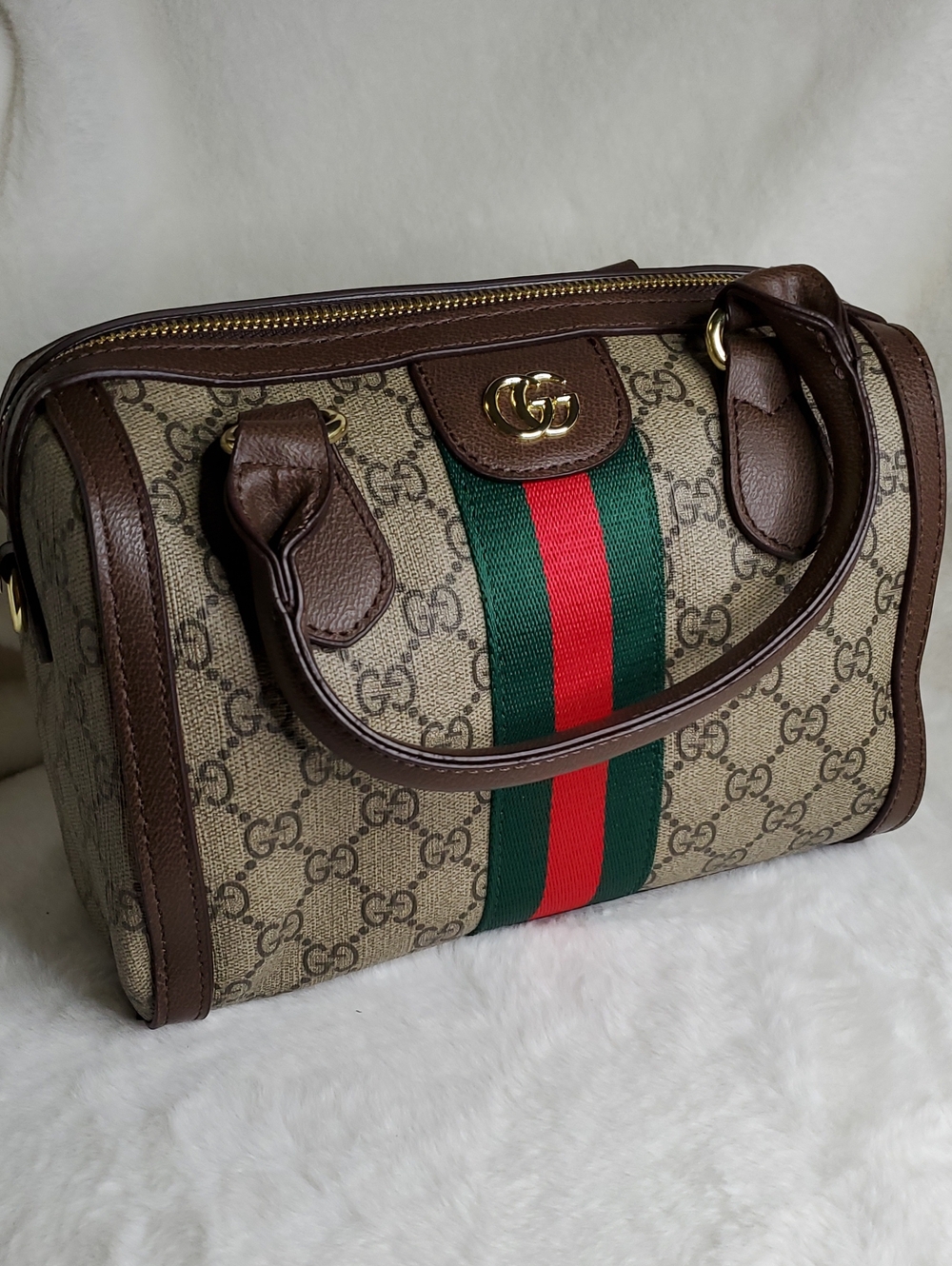 Brown GG Supreme Canvas Satchel with Green-Red Web